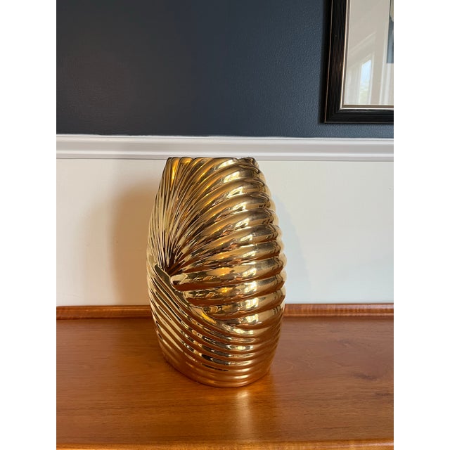 Vintage Jaru Metallic Gold Sculptural Swirl Vase, Hollywood Regency Ceramic Art For Sale In New York - Image 6 of 10