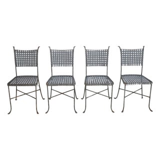 Set of 4 Mid Century Modern Woven Metal Seat Bistro Chairs For Sale