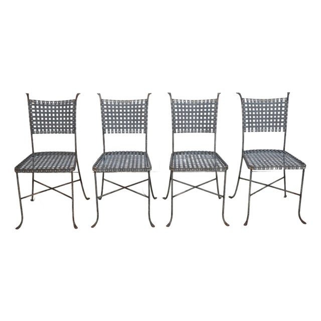 Set of 4 Mid Century Modern Woven Metal Seat Bistro Chairs For Sale