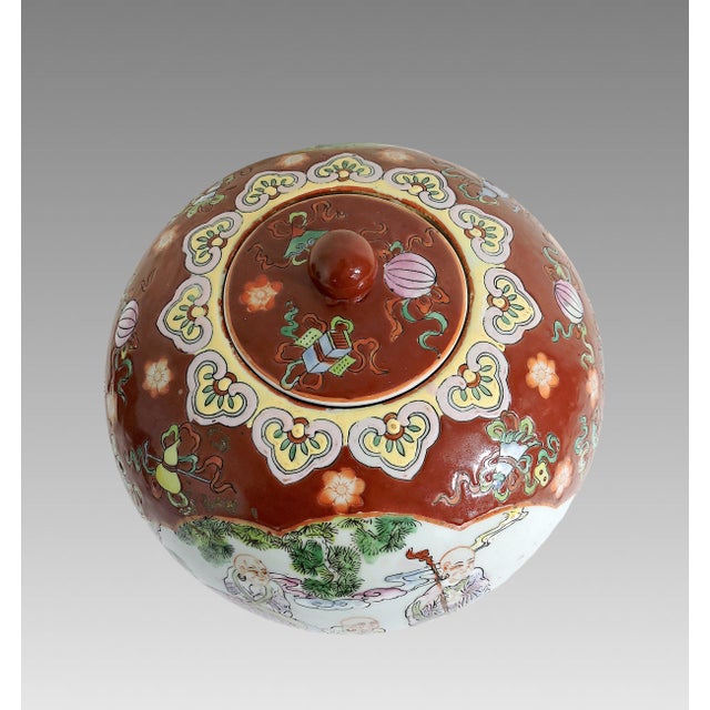 Vintage Hong Kong Double 'Qilin' Persimmon Red Porcelain Ginger Jar With the Eight Chinese Immortals For Sale In Tampa - Image 6 of 8