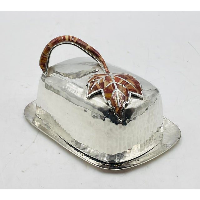 1980s 1980s Emilia Castillo Silver Plated “Maple Leaf” Jasper Inlay Covered Butter Dish For Sale - Image 5 of 14