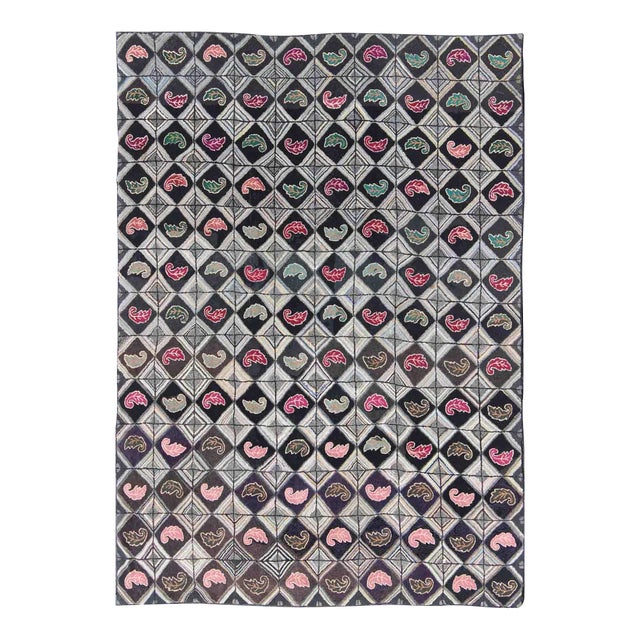 Antique American Hooked Rug With Diamond Patchwork Geometric Leaf Design 9'2"x12'1" For Sale