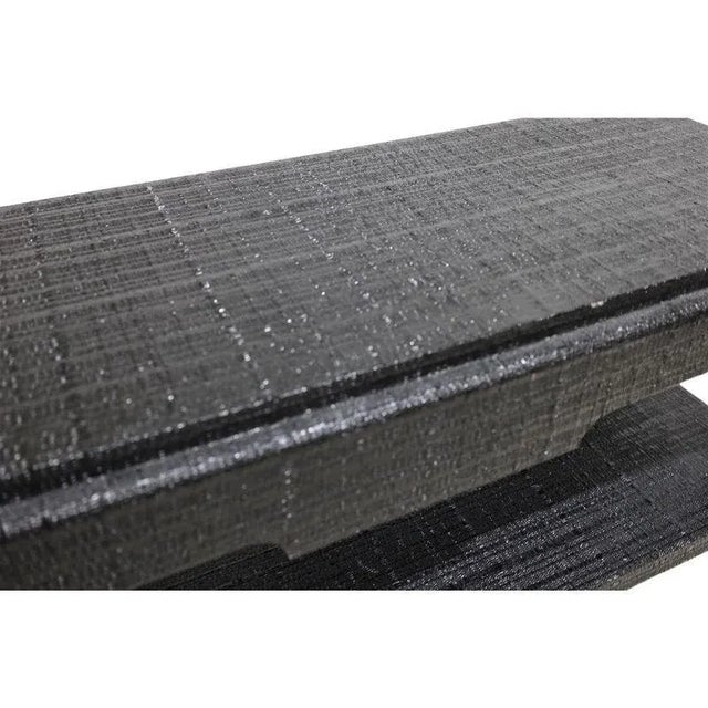 A pair of Karl Springer style, chinoiserie inspired, lacquered black raffia wrapped, mid century, two tier console tables....