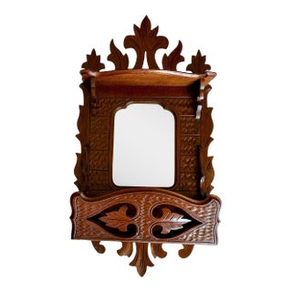 Antique Victorian Eastlake Wall Mirror Pocket Shelf-Carved Walnut-Gothic Hall For Sale