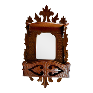 Antique Victorian Eastlake Wall Mirror Pocket Shelf-Carved Walnut-Gothic Hall
