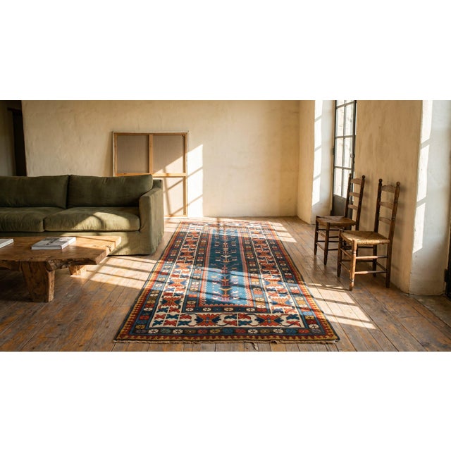 Navy Blue 1880s Blue Navy Tribal Tree of Life Antique Caucasian Kazak Rug 3'7" X 8'2" Handknotted Wool Carpet For Sale - Image 8 of 9