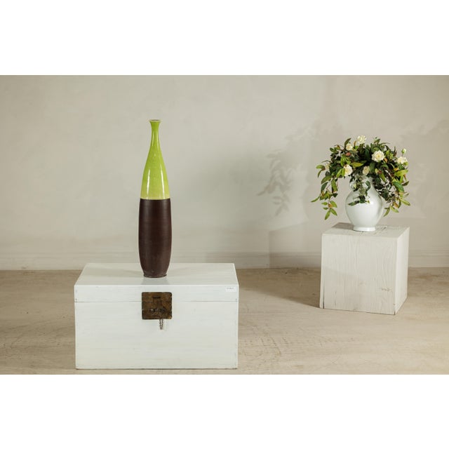 Tall Artisan Ceramic Vase with Glossy Green and Matte Brown Glaze For Sale - Image 9 of 18
