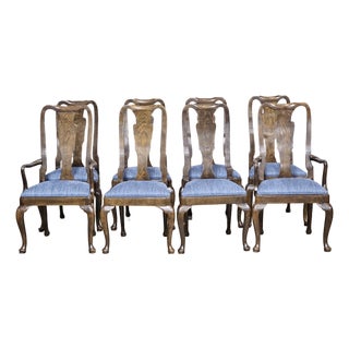 Late 20th Century Set of 8 Baker Furniture Solid Oak Queen Anne Style Dining Room Chairs For Sale