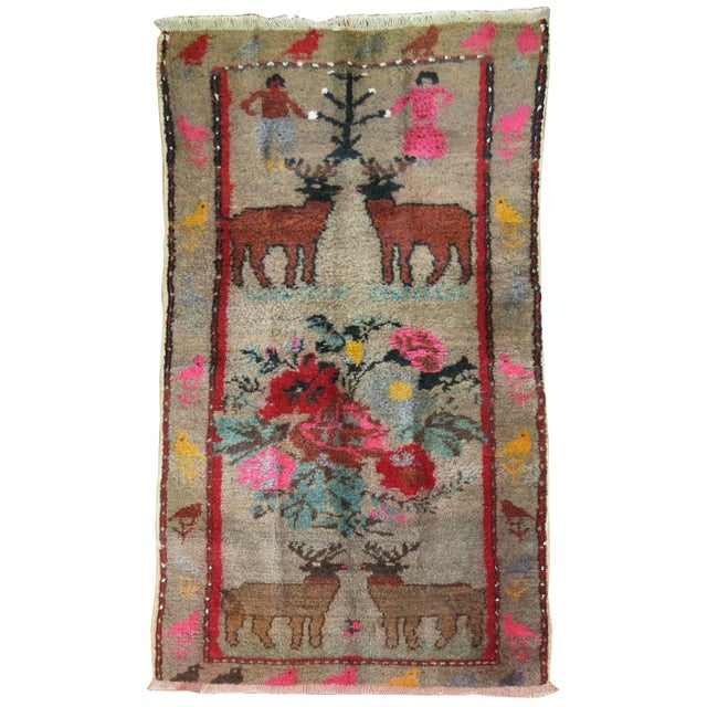 Eclectic Vintage Turkish Pictorial rug from the middle part of the 20th century. 2'2'' x 3'6''