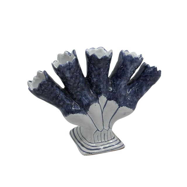 Traditional Vintage Five Finger Blue and White Tulip Vase Made in Portugal For Sale - Image 3 of 7
