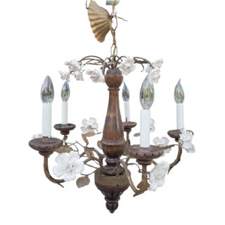 Vintage Wood Metal Ceramic White Rose Tole Italian White Ceramic Rose 5 Light Chandelier Fixture For Sale