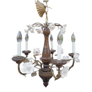 Vintage Wood Metal Ceramic White Rose Tole Italian White Ceramic Rose 5 Light Chandelier Fixture