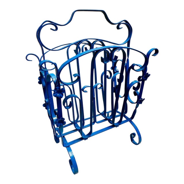 Vintage Mid Century Blue Enameled Scrolled Iron and Flowers Magazine Rack For Sale