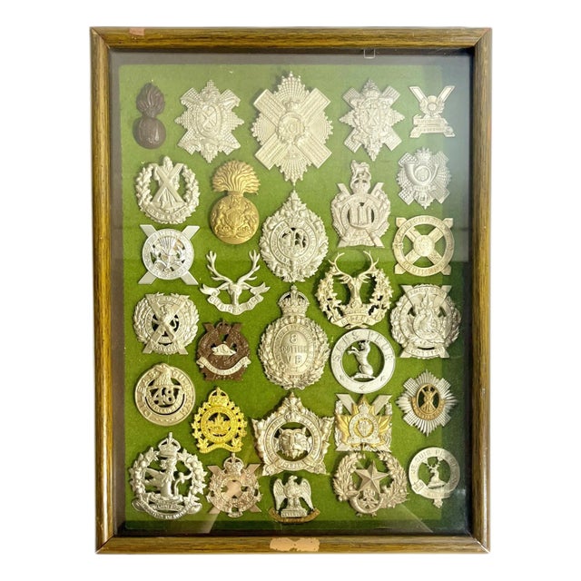Antique Victorian Shadow Box Framed Set of 29 Scottish Military Regimental Badges For Sale