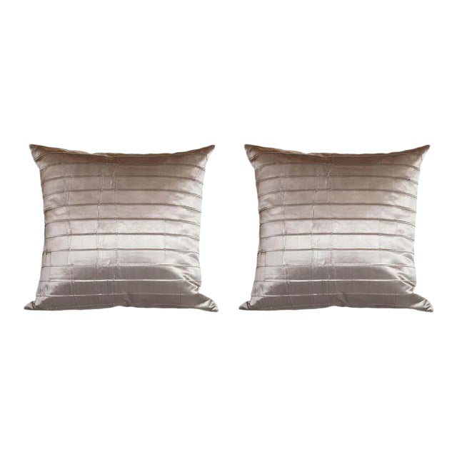 Modernist Striated Antique Silver Silk Pillows - a Pair For Sale