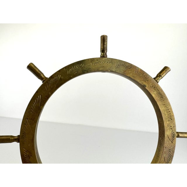 Mid 20th Century Brass Ship Wheel With Hand-Etched Detail For Sale - Image 9 of 14
