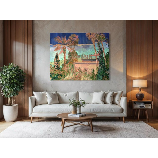 Blue "Marrakesh Ii" by Javiera Da Fonseca Ilić, Marrakesh Morocco, Warm Terracotta Tropical Rooftop Scene, Golden Hour Cityscape, Original Oil Painting For Sale - Image 8 of 9