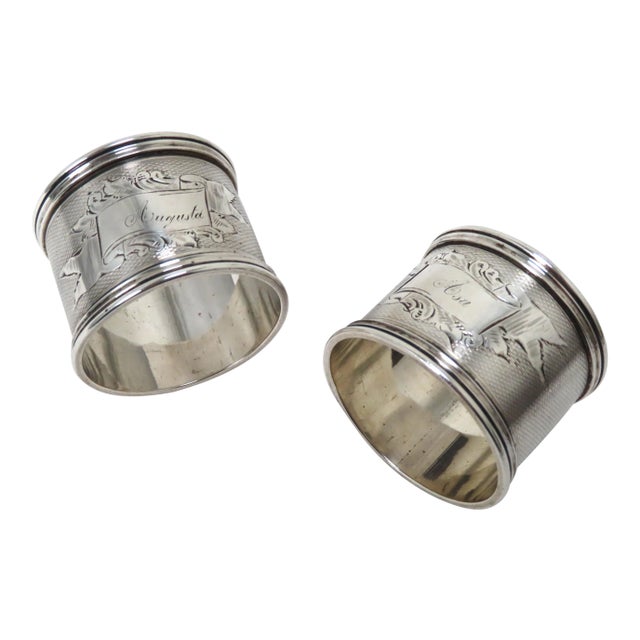 Antique American Victorian Hand Engraved Sterling Silver Wedding Napkin Rings for Asa & Augusta For Sale
