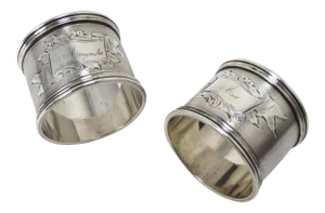 Antique American Victorian Hand Engraved Sterling Silver Wedding Napkin Rings for Asa & Augusta