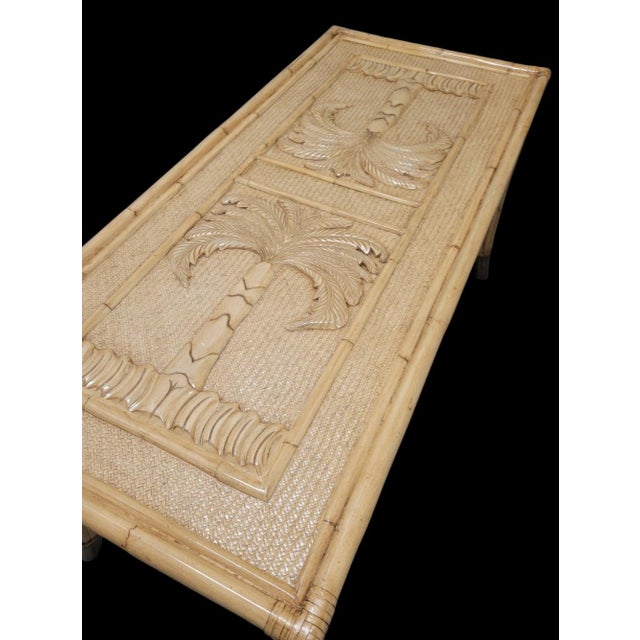 Vintage Coastal Regency Double Palm Tree Carved Wicker Bamboo Desk Dining Table For Sale In West Palm - Image 6 of 9