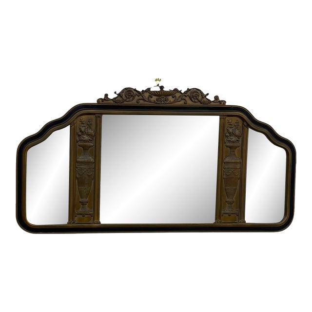 Antique Carved Wood Overmantel Mirror With Floral Urn Motifs and Scrolled Crest. For Sale