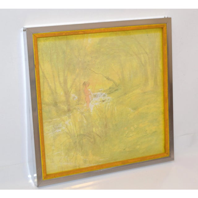 Chrome Framed Canvas on Board Watercolor Painting Bathing Girl Hues of Yellow For Sale - Image 9 of 13