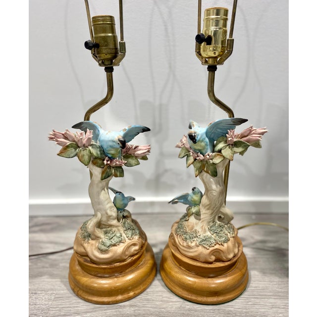 Hand Painted Porcelain Blue Bird Figurine Neoclassical Lamps a Pair