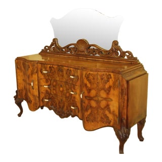 1930s European Art Deco Walnut Burl Sideboard With Carved Mirror For Sale
