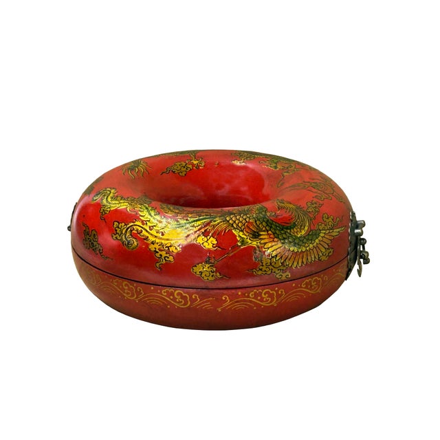 Oriental Red Dragon Phoenix Graphic Donut Shape Container Box For Sale - Image 4 of 7