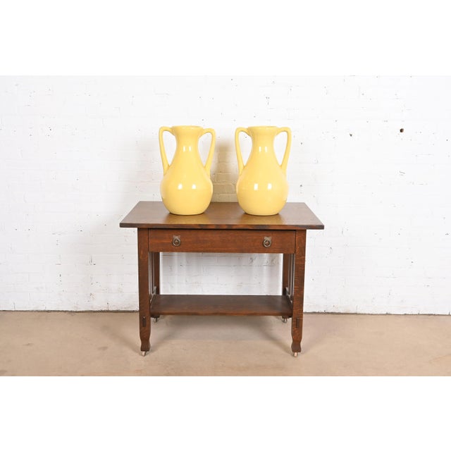 Robinson Ransbottom of Roseville Arts & Crafts Large Yellow Glazed Handled Art Pottery Jugs or Vases, Pair For Sale - Image 12 of 13