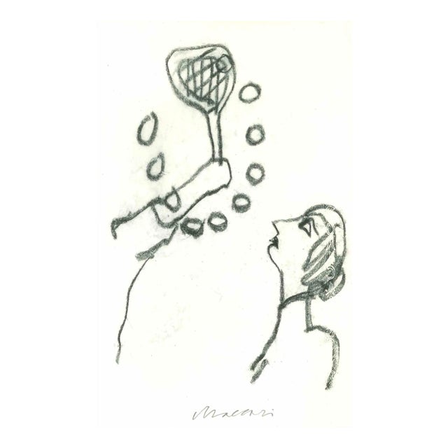 Mino Maccari, Learning Tennis, Charcoal Drawing, Mid-20th Century For Sale