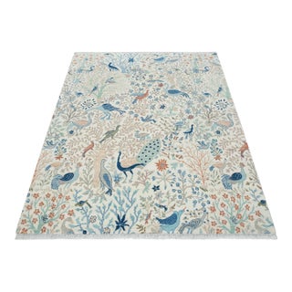 8x10Ft. Off White Blue Peacock Wool Rug, Hand Knotted Birds Garden For Sale
