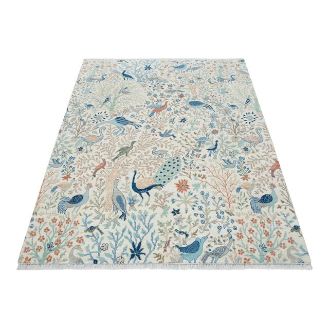8x10Ft. Off White Blue Peacock Wool Rug, Hand Knotted Birds Garden For Sale