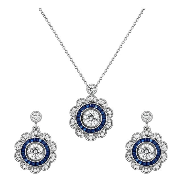 Late 19th Century 18K White Gold Diamond Sapphire Pendant Necklace Earrings Set, 3 Pieces For Sale