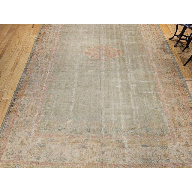 Vintage Turkish Oushak Hand-Knotted Rug in Open Geometric Pattern in Pale Green, Yellow, Pink For Sale In Chicago - Image 6 of 17
