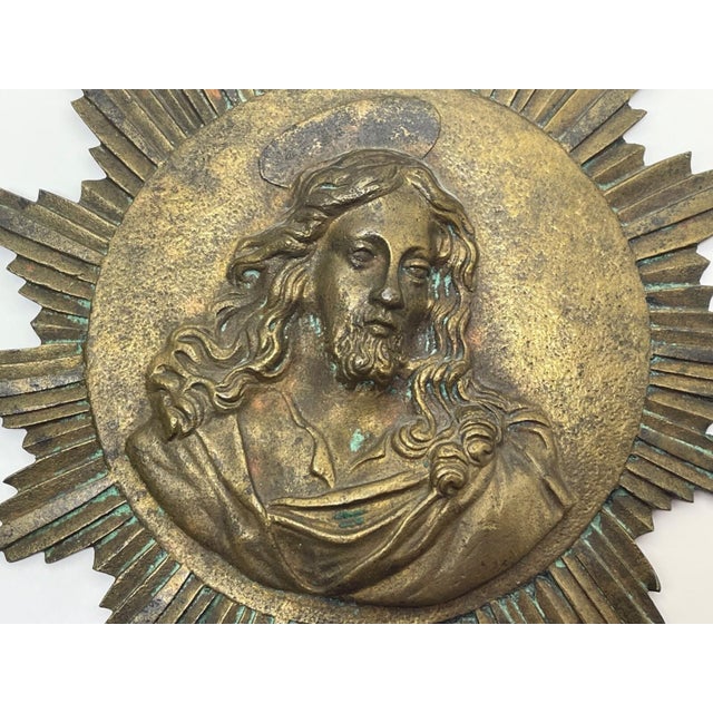 Gothic French Convent Late 19th Century Brass Haloed Christ Blessing Sunburst Plaque For Sale - Image 3 of 12