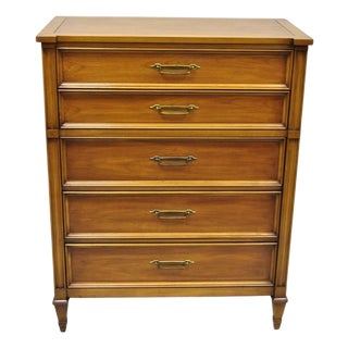 Vintage Hollywood Regency Cherry Wood 5 Drawer Tall Chest Dresser by White Furn For Sale