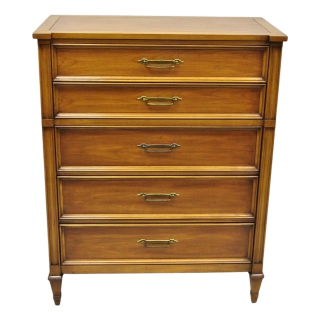Vintage Hollywood Regency Cherry Wood 5 Drawer Tall Chest Dresser by White Furn For Sale
