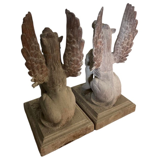 Pair of Monumental Neoclassical Cast Iron Winged Griffin Statues For Sale - Image 4 of 12