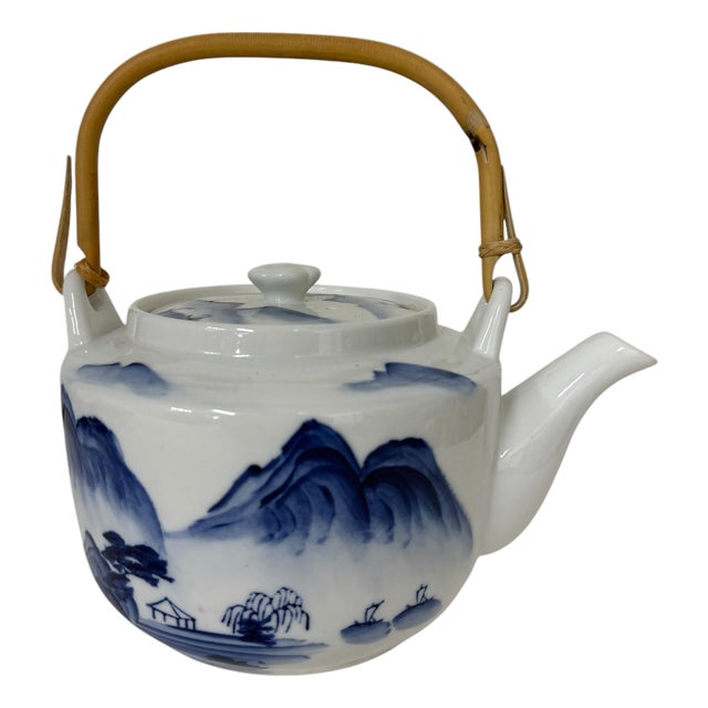 Vintage Hand Painted Blue on White Landscape Japanese Teapot For Sale