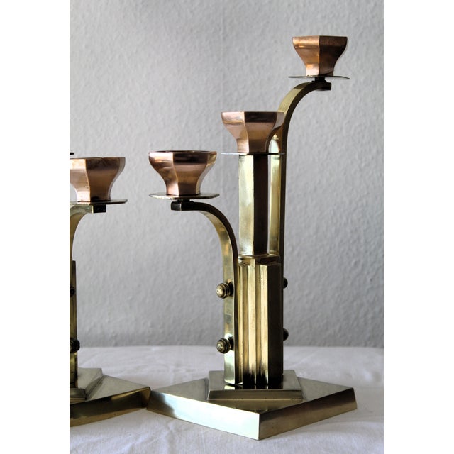 Art Deco 3-Armed Candlesticks in Brass, 1920s, Set of 2 For Sale - Image 11 of 14