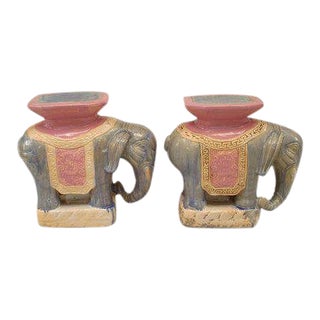 Asian Chinese Style Purple and Pink Porcelain Elephant Garden Seats - a Pair For Sale