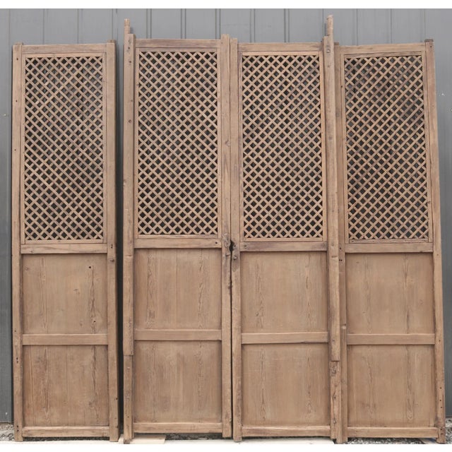 Wood 100" High Large Antique Chinese Screen Door- a Set of 4 Lattice Screen Panels For Sale - Image 7 of 8