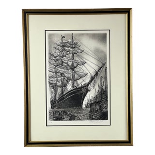 1970s Framed Etching "The Whaling Ship Charles W Morgan" by Alan Jay Gaines For Sale