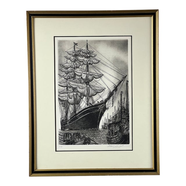 1970s Framed Etching "The Whaling Ship Charles W Morgan" by Alan Jay Gaines For Sale