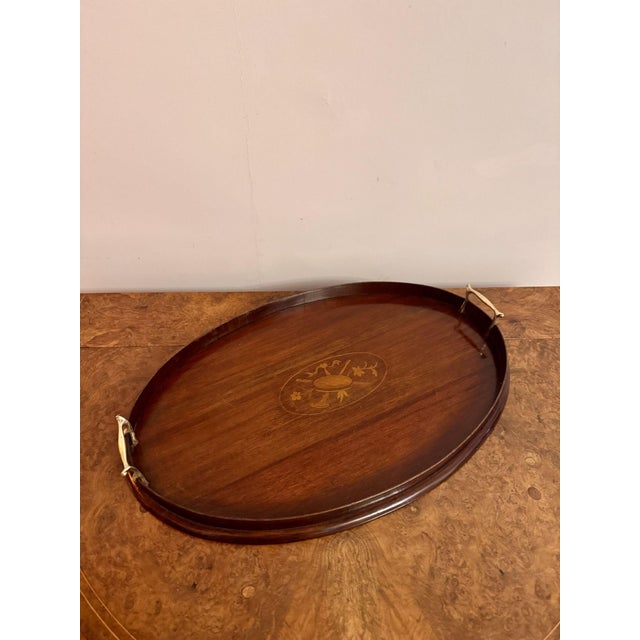 Antique Edwardian Oval Mahogany Inlaid Tea Tray, 1900s For Sale - Image 3 of 6