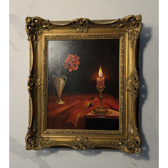 Wood Mid-20th Century Candlelit Rose Still Life Oil Painting Signed Ruschè For Sale - Image 7 of 18