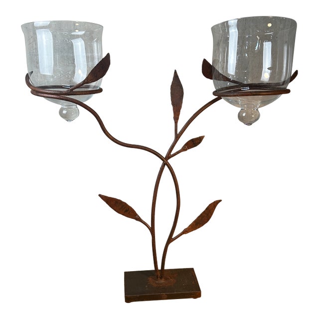 Late 20th Century Jan Barboglio Forged Iron Candelabra 2-Arm Vine Leaves Glass Votives Signed 19" For Sale