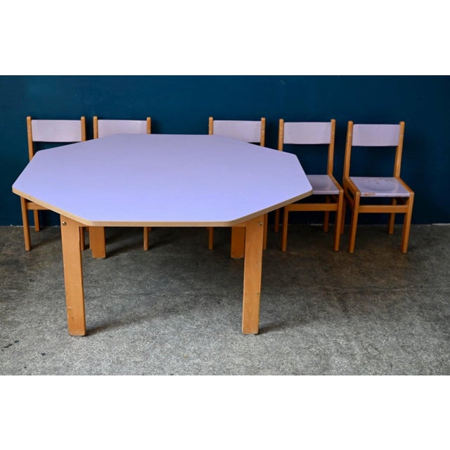 Vintage Octagonal Children's Table & Chairs in Beech and Lilac Formica, 1970s, Set of 6 For Sale - Image 14 of 18