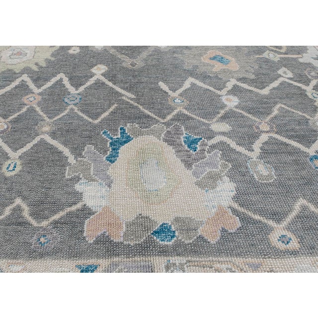 Textile Turkish Oushak Rug Gray, Ivory, and Blue Handwoven Wool Rug 8'11" X 11'8" For Sale - Image 7 of 9